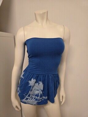 Colcci Blue Strapless Peplum Tank Tube Top with Palm Tree Print XS
